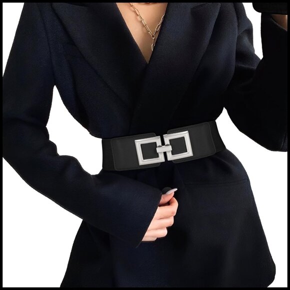 Vintage Wide Elastic Belt Gold Buckle Elegant Chic Stretchy Waist Belt main image 4